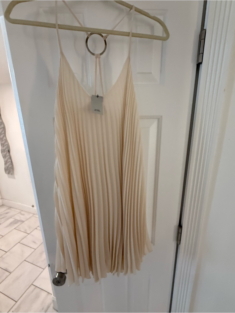 River Island Cream Pleated Spaghetti-Strap Mini Dress
